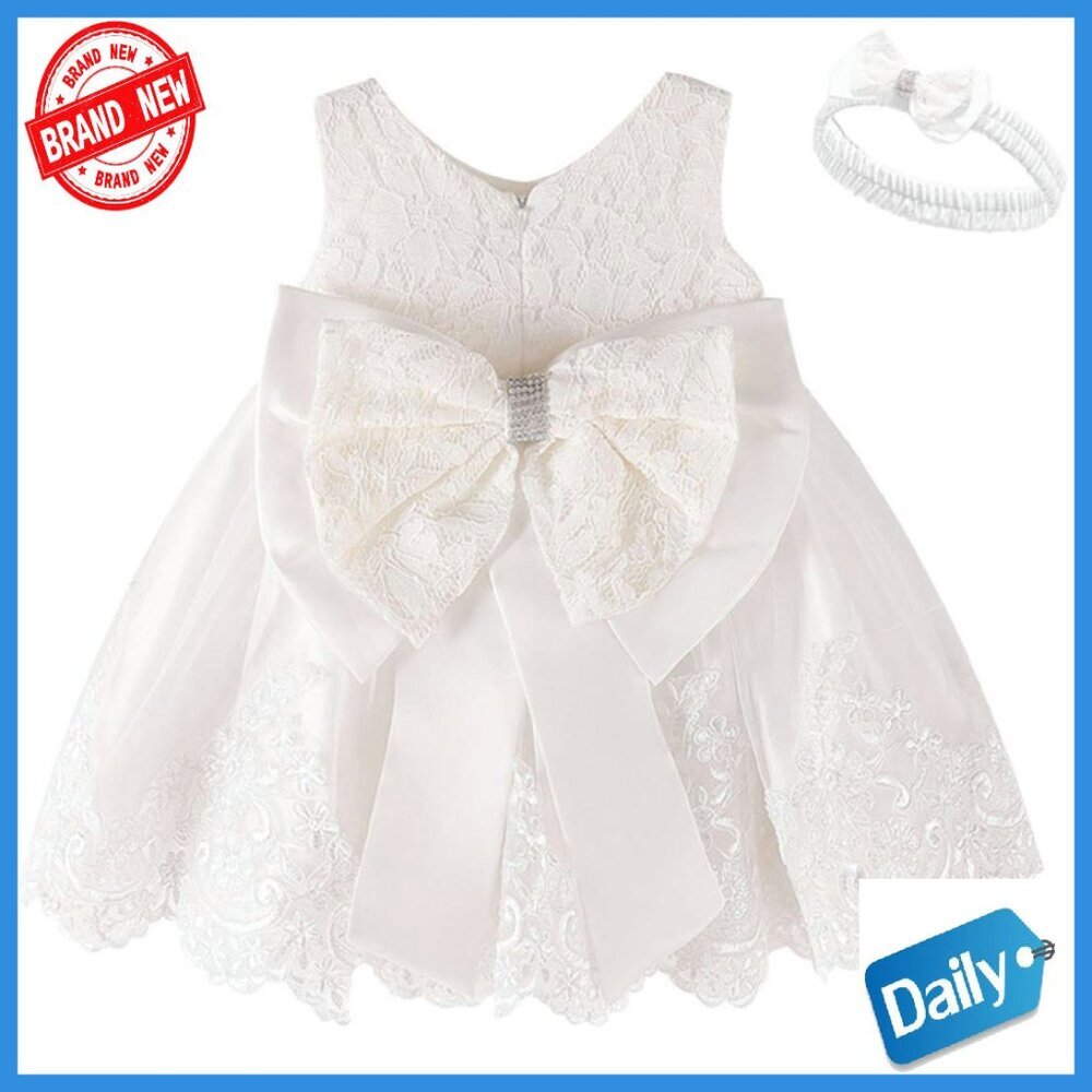 Baby Girls Formal Christening Dress with Headband Newborn to 2T